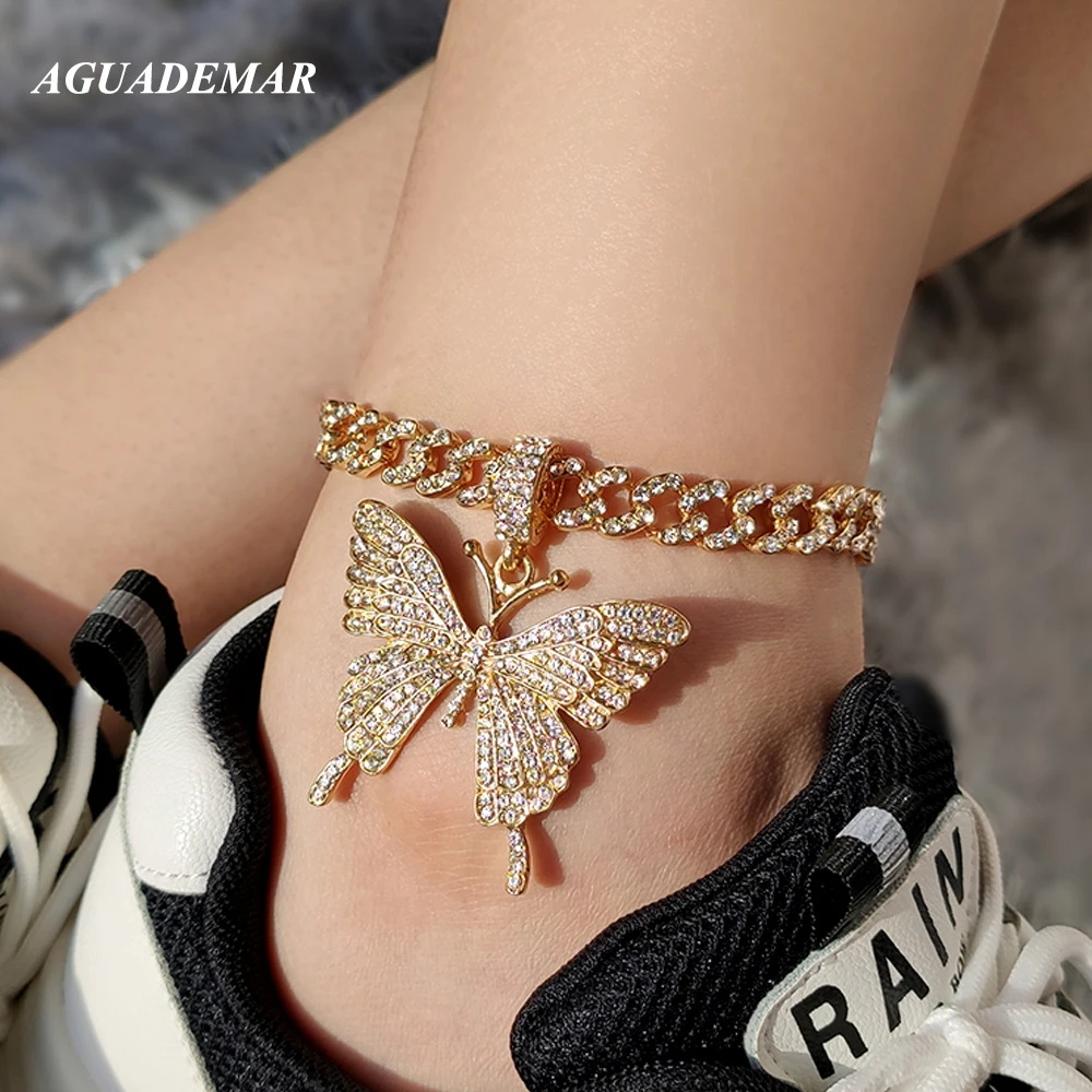 

Trendy Full Rhinestone Paved Big Butterfly Anklets for Women Iced Out Mimai Cuban Link Anklet Chunky Ankle Chain Barefoot Jewely