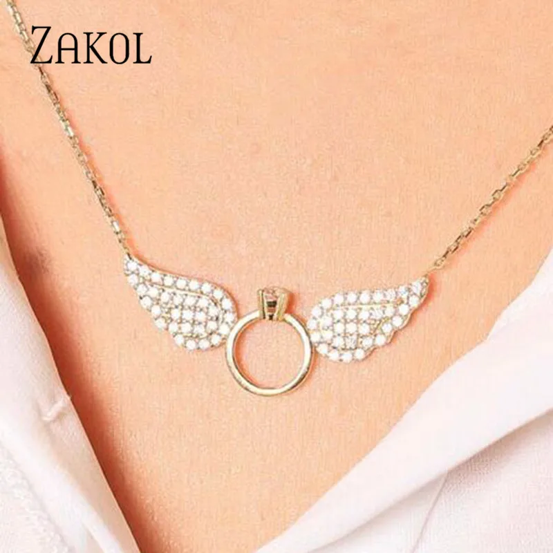 ZAKOL New Fashion Zirconia Angel Wings Pendant &amp Necklaces with White Gold Color Jewelry For Young Girl Women Gift FSNP2035 | Украшения