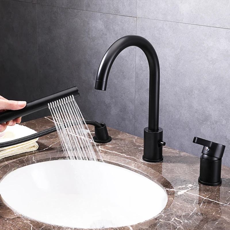 

Black Bath Shower Faucet Bathtub 3 Hole Widespread Countertop Basin Mixer With Hand Shower Head Brass Hot And Cold Water Tap