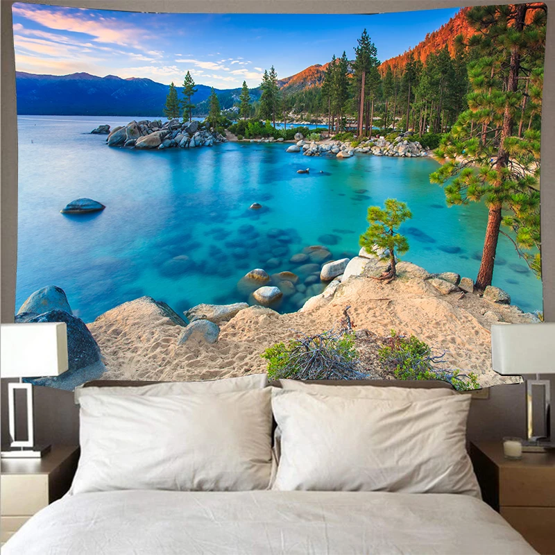 Красивый лес река пейзаж лодка дешевый гобелен искусство Психоделическое