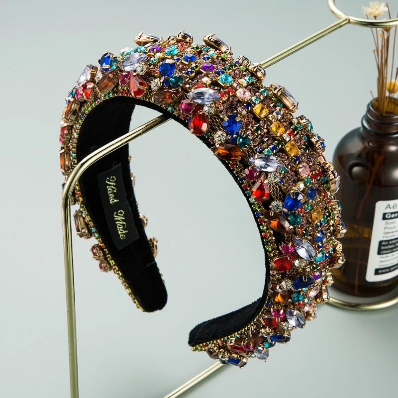 

Gorgeous Baroque Colorful Crystal Headband for Woman Luxurious Shiny Rhinestone Padded Princess Hairband Bridal Wedding Headwear