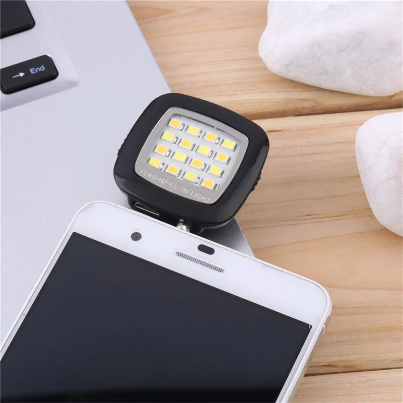 Mini 16 LED Camera Lamp Selfie Enhancing Dimmable Flash Light Rechargeable For iPhone Xiaomi Samsung (Black) | Электроника