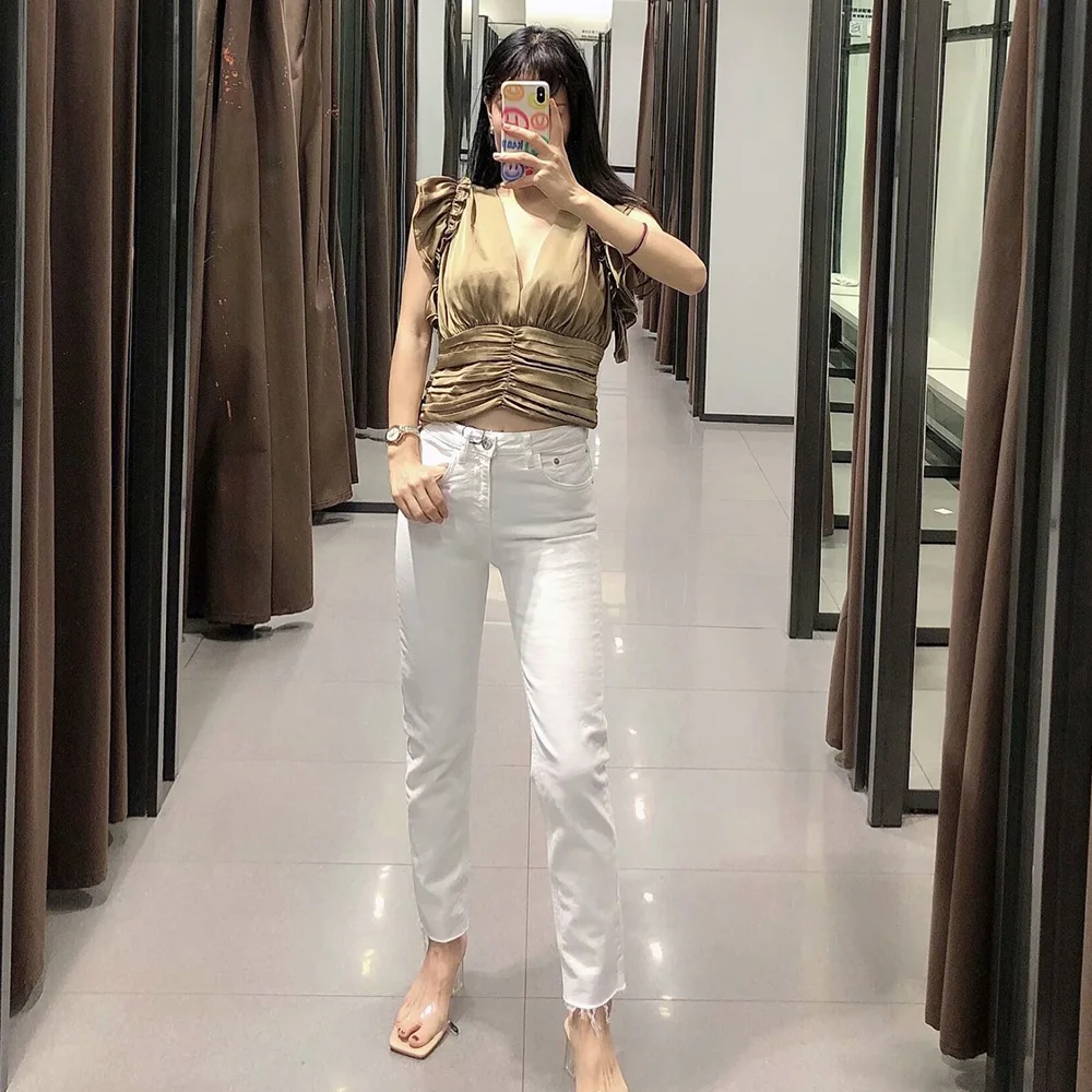 

2020 NEW Summer womens shirt brown solid ruffles sleeveless V-Neck Casual shirt fashion casual female woman clothes