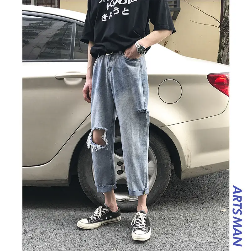 

Ripped Jeans Men's Beggar Ankle Length streetwear men pants Fashion Brand Drop Feeling Wide Leg Straight Tube Loose trousers 5XL