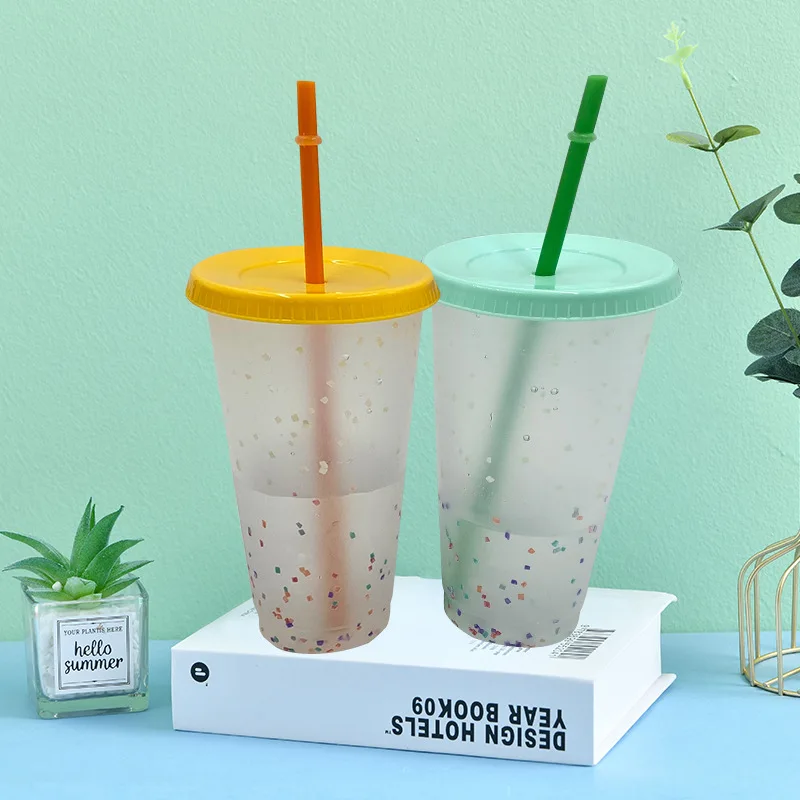 700ml Temperature Color Change Cups Magical Confetti Reusable Plastic With Lid And Straw Cup For Cold Drinks Accessories New | Дом и сад