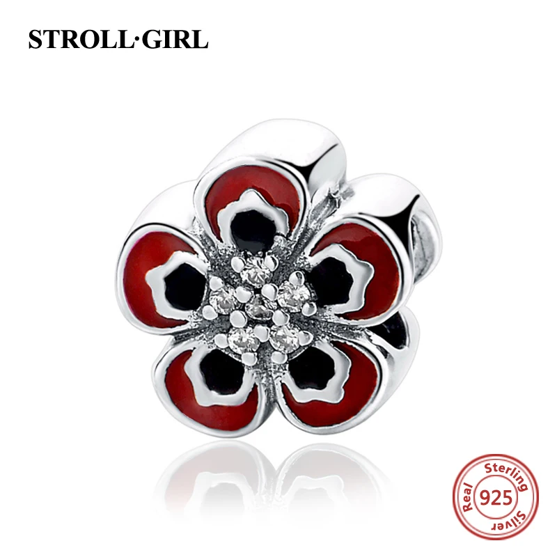 Реальные 925 стерлингового серебра мерцающий красная роза Талисманы с камнями Fit