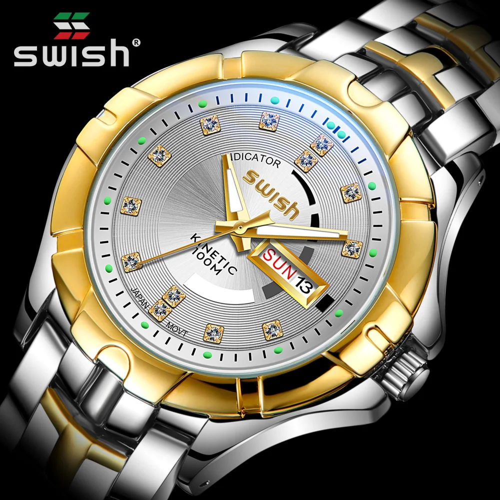 

SWISH Golden Watches Men Luxury Brand Designer Quartz Wristwatch Men's Fashion Steel Watch Military Timepieces Date Week Relogio
