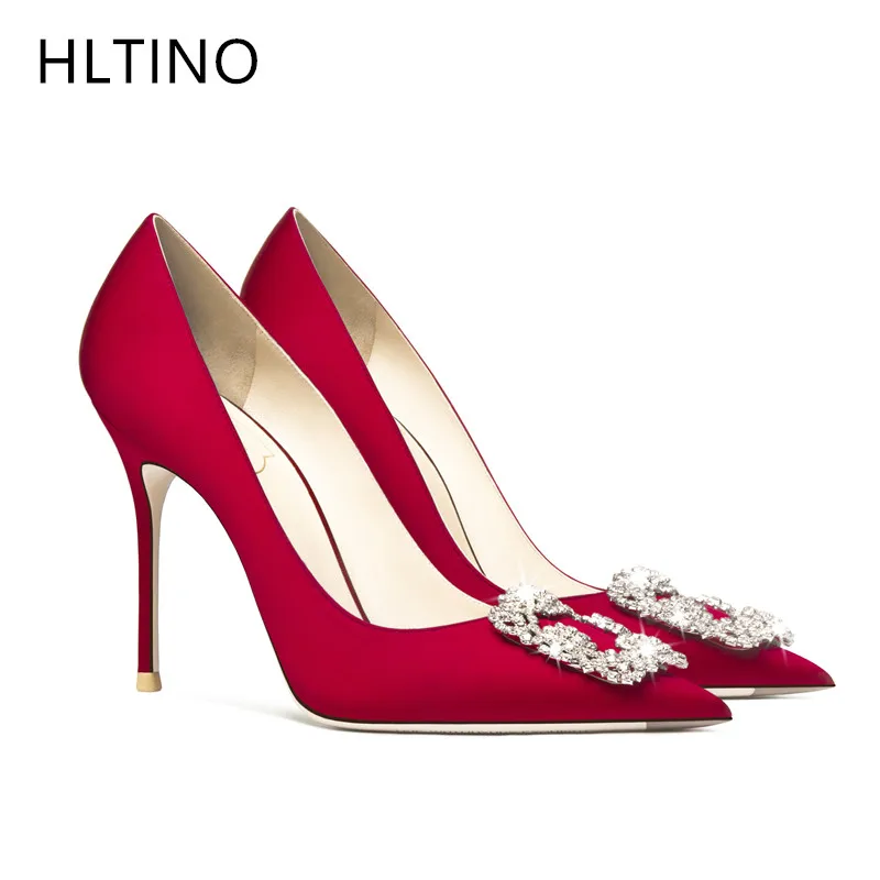 HLTINO Qauality Gift Crystal High Heeled Pump Silk Satin Women Wedding Stilettos Autumn Winter Bride Blue Shoes Evening