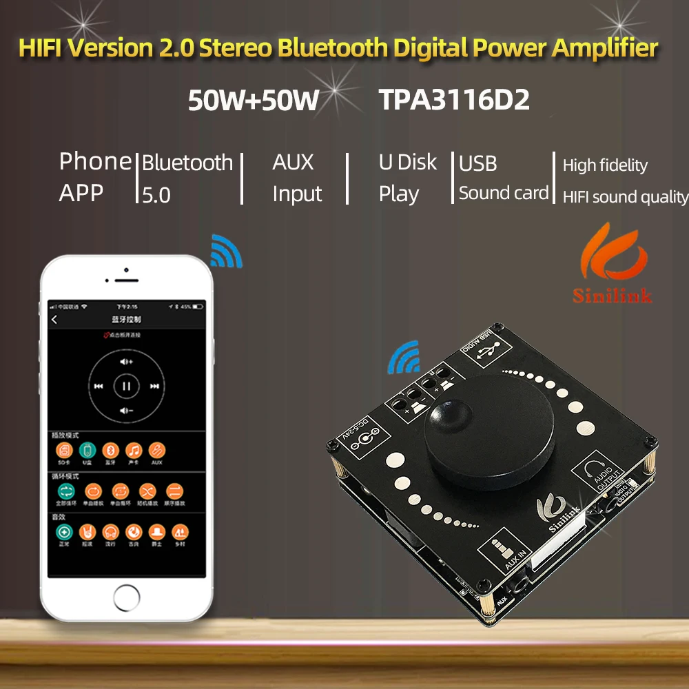 

Wireless Audio TPA3116D2 Digital Power Amplifier Board AP50H HIFI Bluetooth 5.0 50Wx2 Amp Amplificador USB 3.5MM AUX