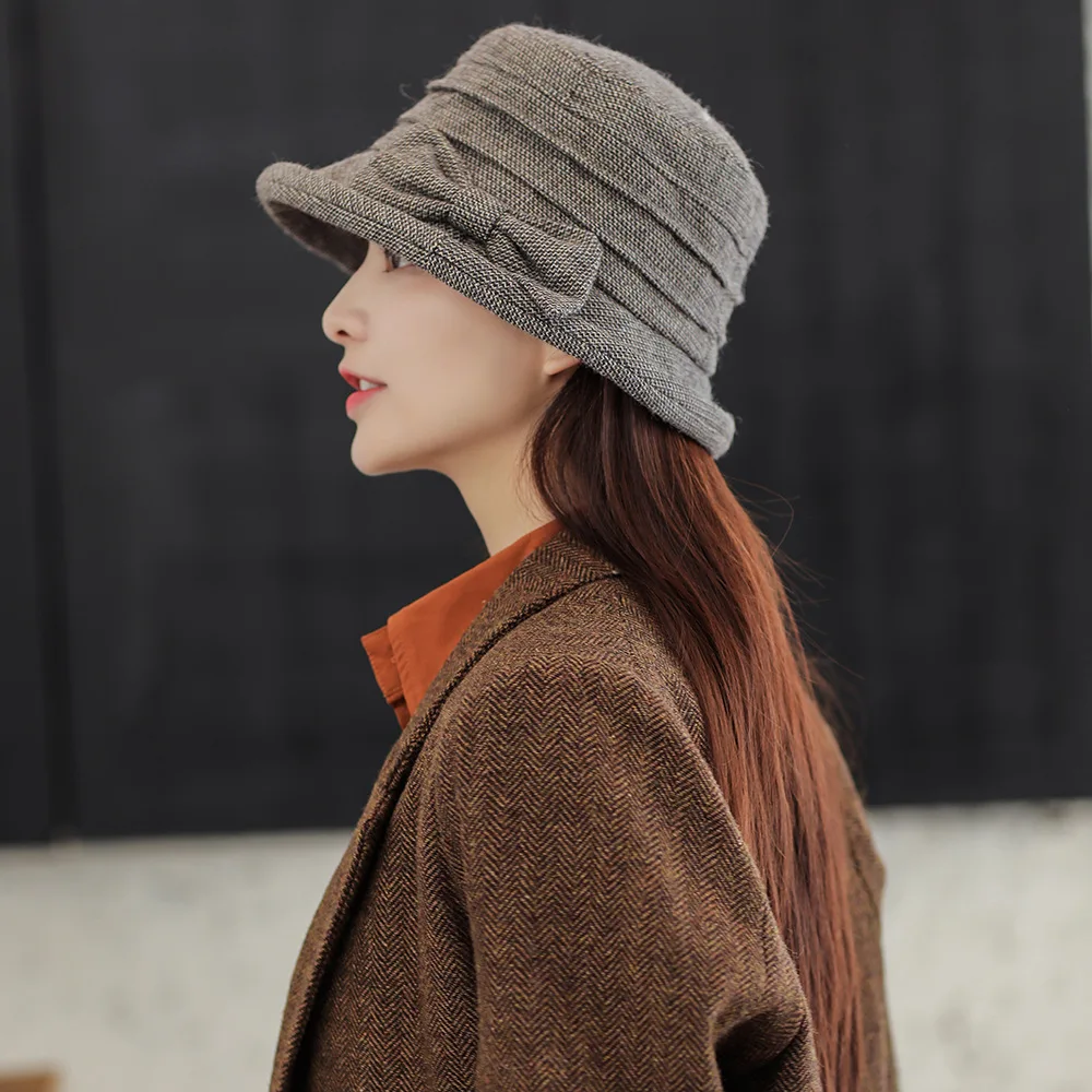 

2022 British Tide Female Joker Bowknot Basin Hat Is Suitable For Small Eaves French Hat Round Spring Luxury Cashmere Hat Luxury