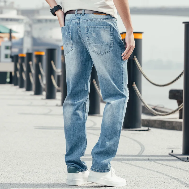 Spring And Autumn Men Hole Baggy Jeans Straight Large Size Wide Leg Denim Pants Blue Leisure Hip Hop Streetwear Ragged Trousers