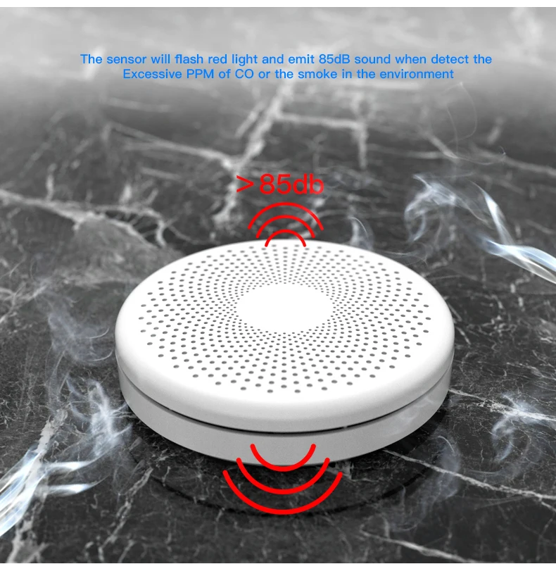 Датчик угарного газа Tuya 2 в 1 Wi-Fi детектор дыма работает на батарейках со