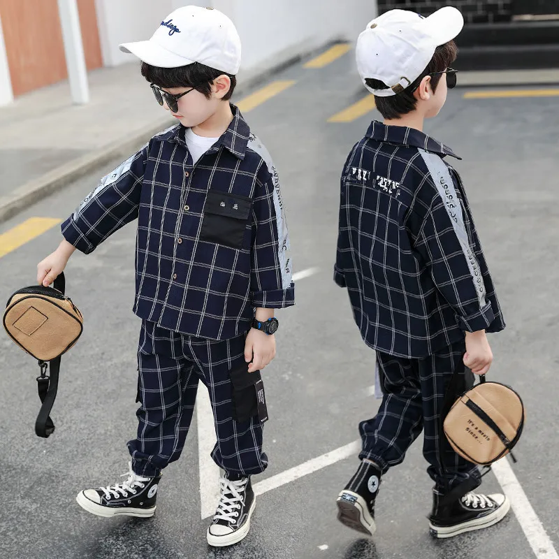 

Children's suit 2021 spring boy British lattice two-piece children's new letter reflective strip children's clothing
