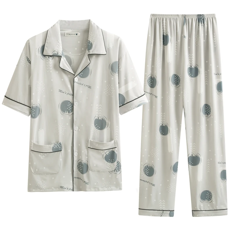 CAIYIER Spring Summer Polyester Men Nightwear Short Sleeve Trousers Casual Pajamas Set For Mens 2021 Pyjamas Lounge Wear L-4XL