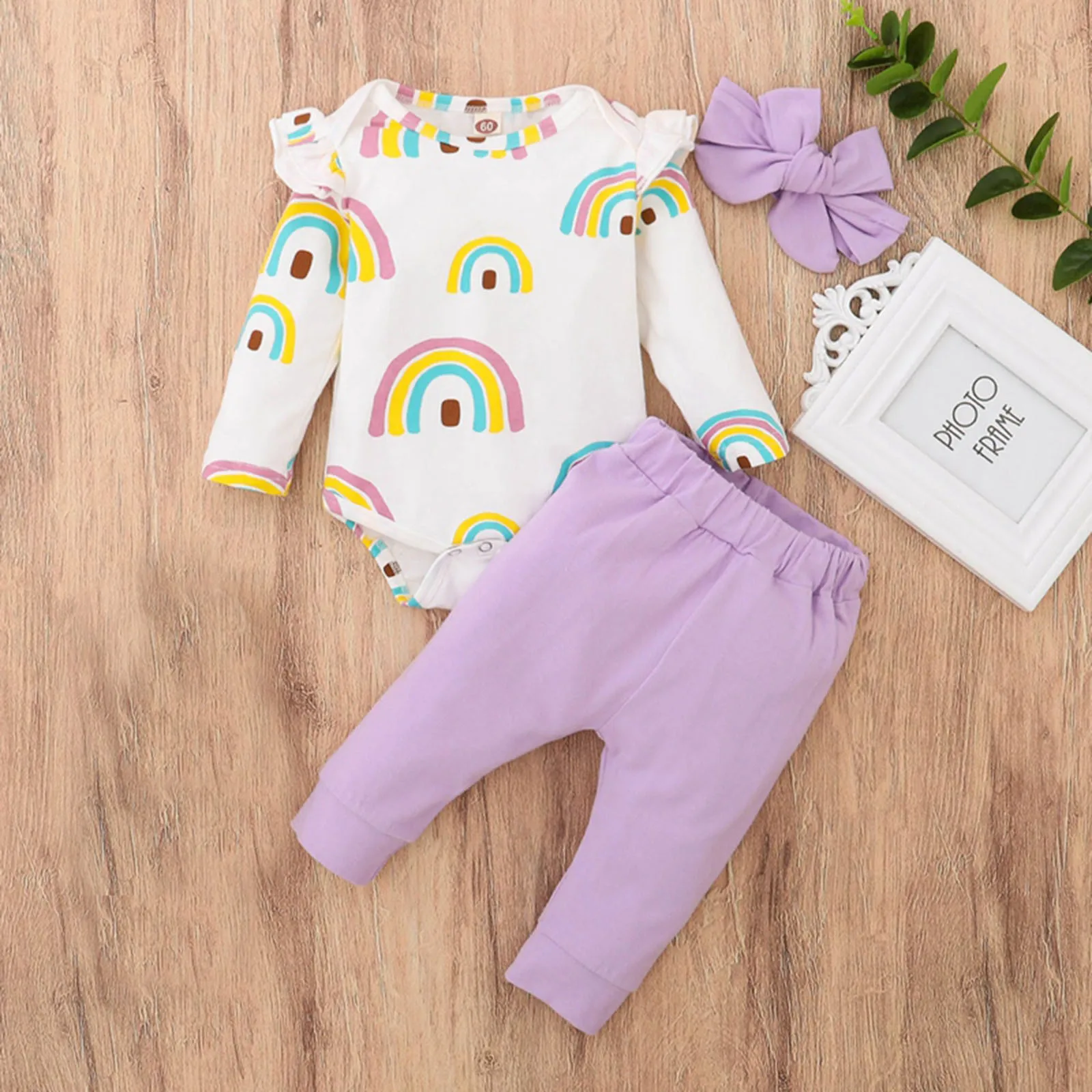 

#52 Infant Baby Girls Boys Long-sleeved Rainbow Floral Print Romper+soild Pants Set Fashion printed winter warm clothes