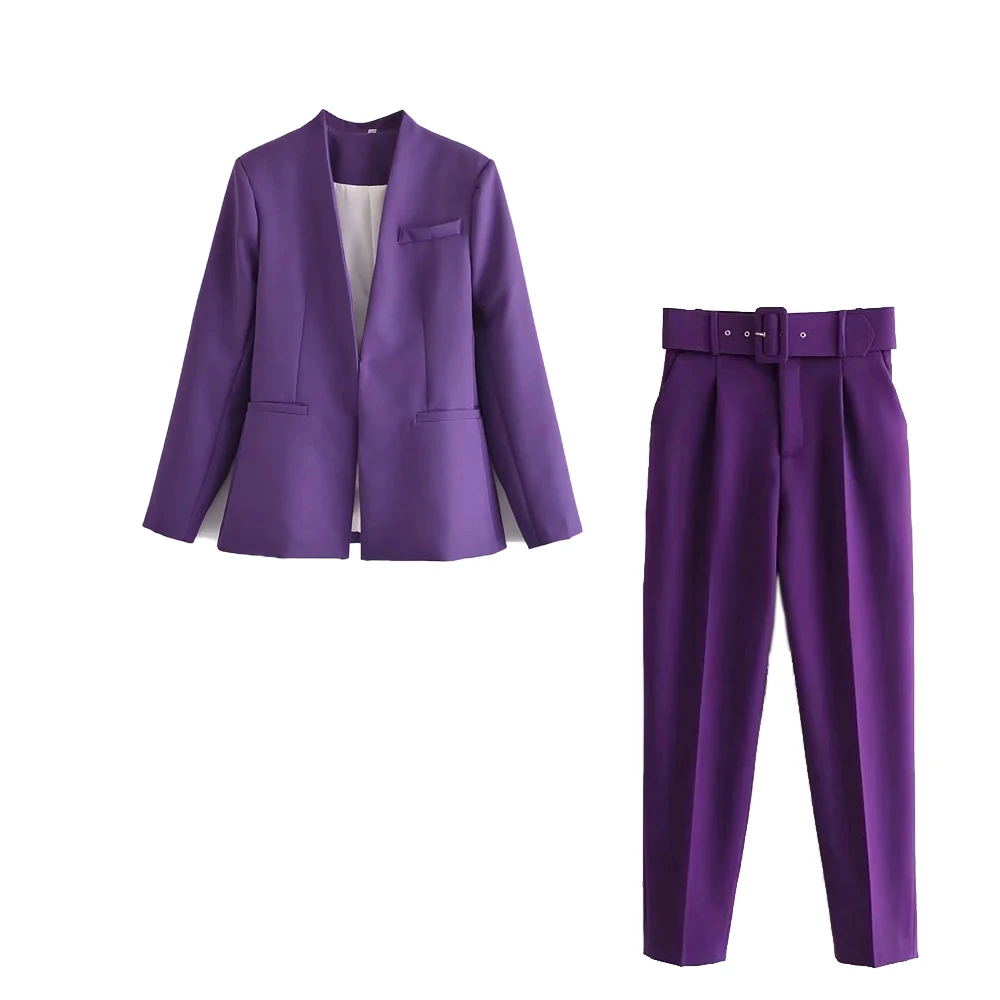 

Новый Для женщин s фиолетовый брюки с поясом костюм с блейзером комплект Длинные рукава Zora Женский комплект 2 шт. Для женщин высокой талией а...