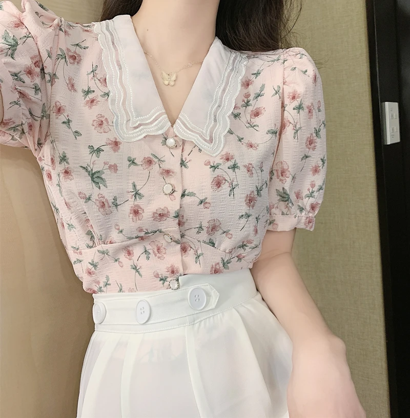

QOERLIN блузки с цветами с пышными рукавами на пуговицах шифоновая рубашка с воротником в Корейском стиле свежие женские рубашки с коротким ру...
