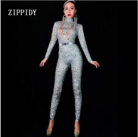 gray jumpsuit Черный серый Стразы Жемчуг Длинные рукава платье Сексуальная спандекс Женская одежда для пения день рождения, празднование вечернее платье - Цвет: gray jumpsuit