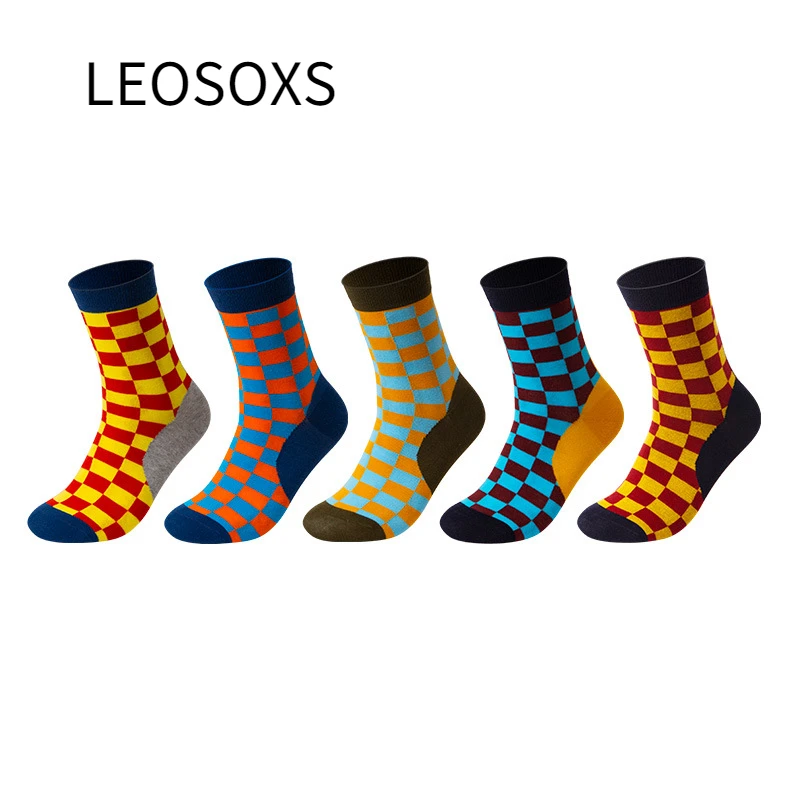 5 Pairs Men Crew Socks Novelty Business Grid Checkerboard Absorb Sweat Breathable Autumn Combed Cotton Casual Patchwork Man Sock