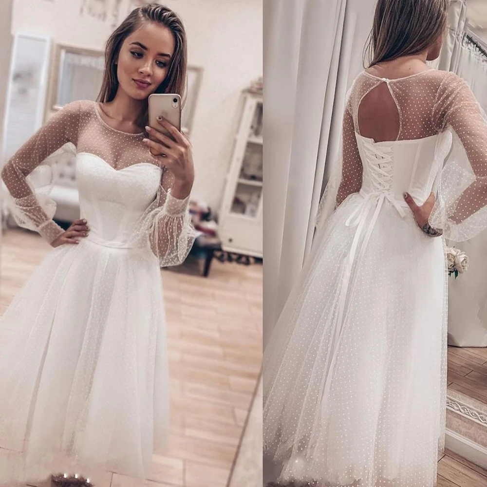 Charming Wedding Dresses Tulle Pleat Scoop Full Sleeve Lace Up A-Line Bridal Gowns Novia Do 2021 Vestidos