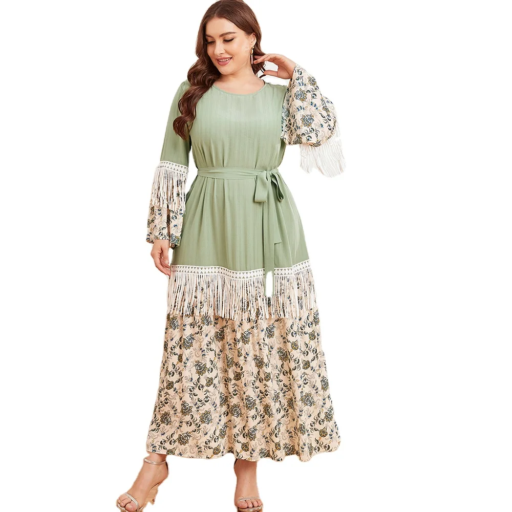 Размера плюс мусульманских женщин Винтажная рубашка в стиле «пэчворк» платье с принтом для девочек Длинное Зеленое Ближний Восток халат мо...