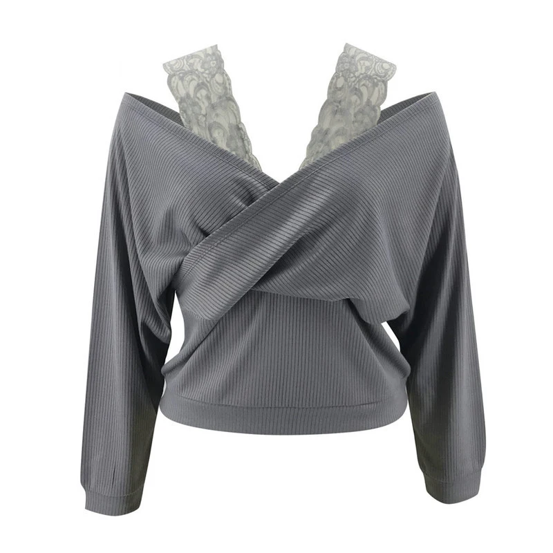 

Sexy Off Shoulder Women T-Shirt Spring Autumn Lace Halter Patchwork Long Sleeve Solid Pullover Tops Casual Loose Lady Short Tees