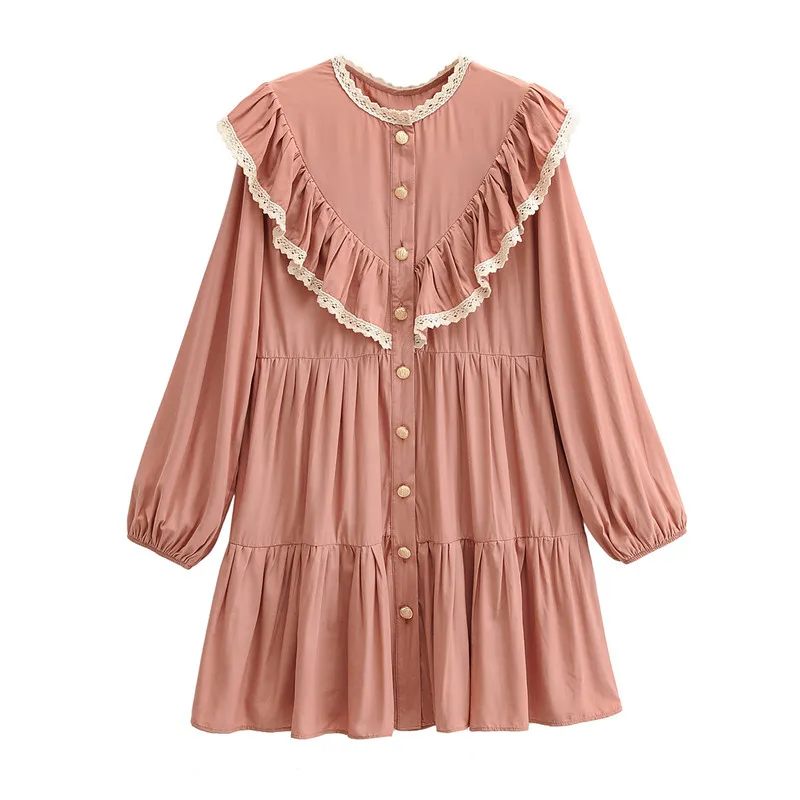 

Women Sweet Lace Ruffled Dress O-Neck Puff Sleeve Summer Dress Casual Holiday Streetwear Work Wear Offiice Dress