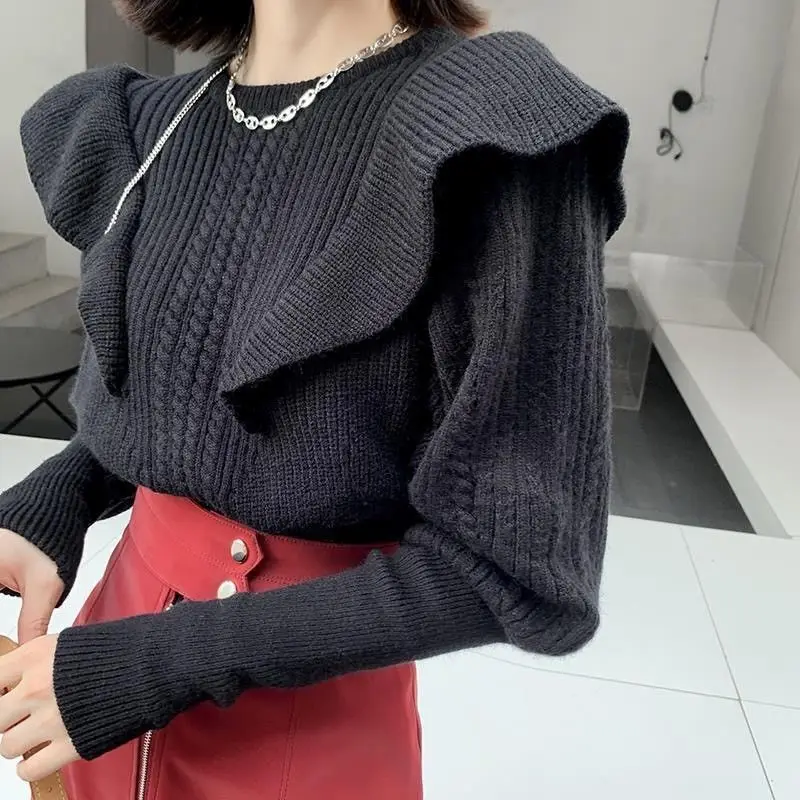 

Women 2021 Autumn Winter New Ruffled Knitted Tops Female Soft Solid Color Sweater Tops Ladies Fashion O-Neck Warm Tops Q369