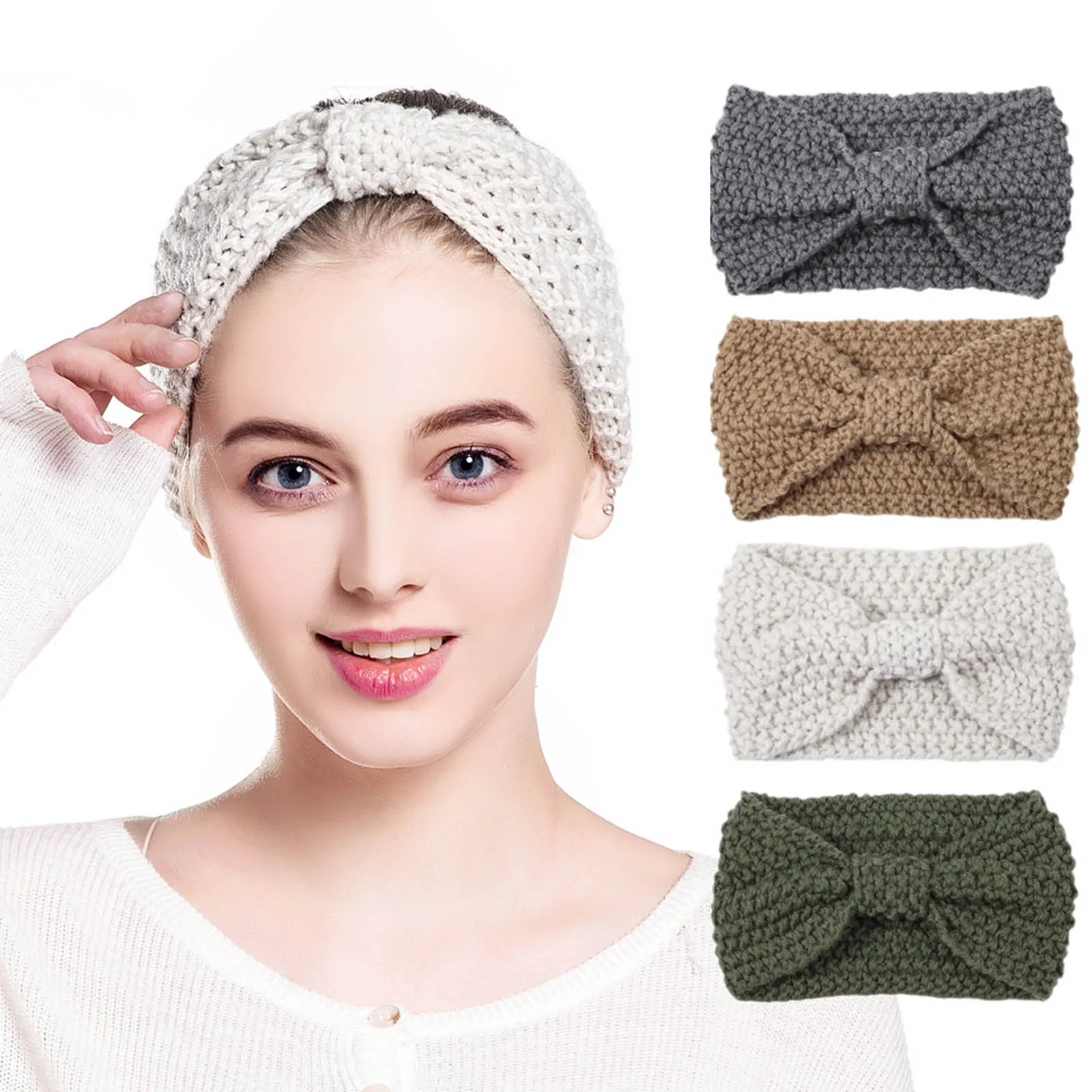 

Women's Handmade Knitted Bow Headband Soft Winter Ear Warmer Sports Head Wrap Elasticity Headbands
