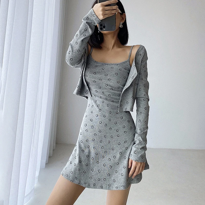 

Spring and autumn French sexy suspender dress long sleeve cardigan two piece suit A-line print vest ultra short skirt