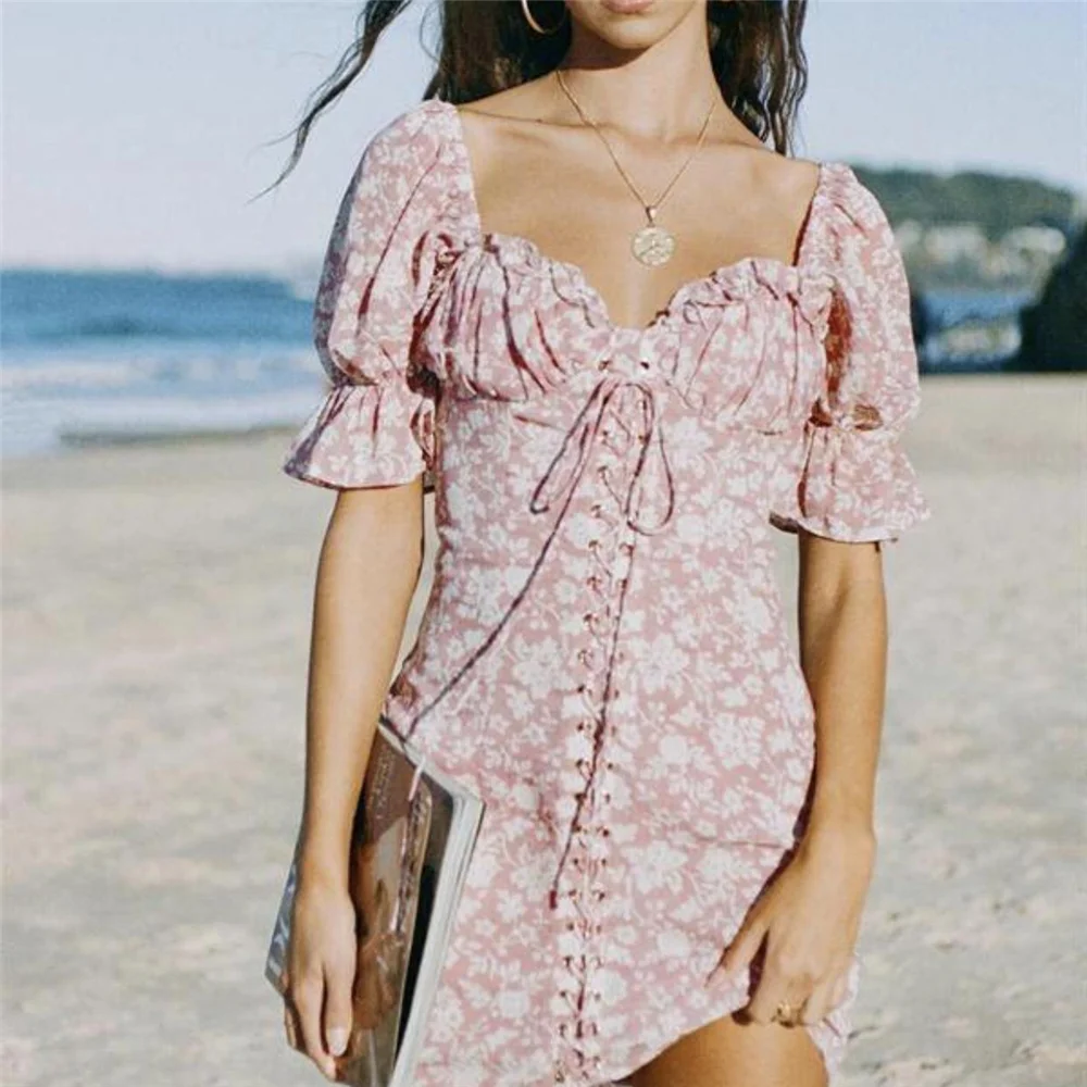 

Розовые шифоновые платья для женщин, летнее винтажное вечернее платье на шнуровке, облегающее платье, корейская мода, милые цветочные плать...