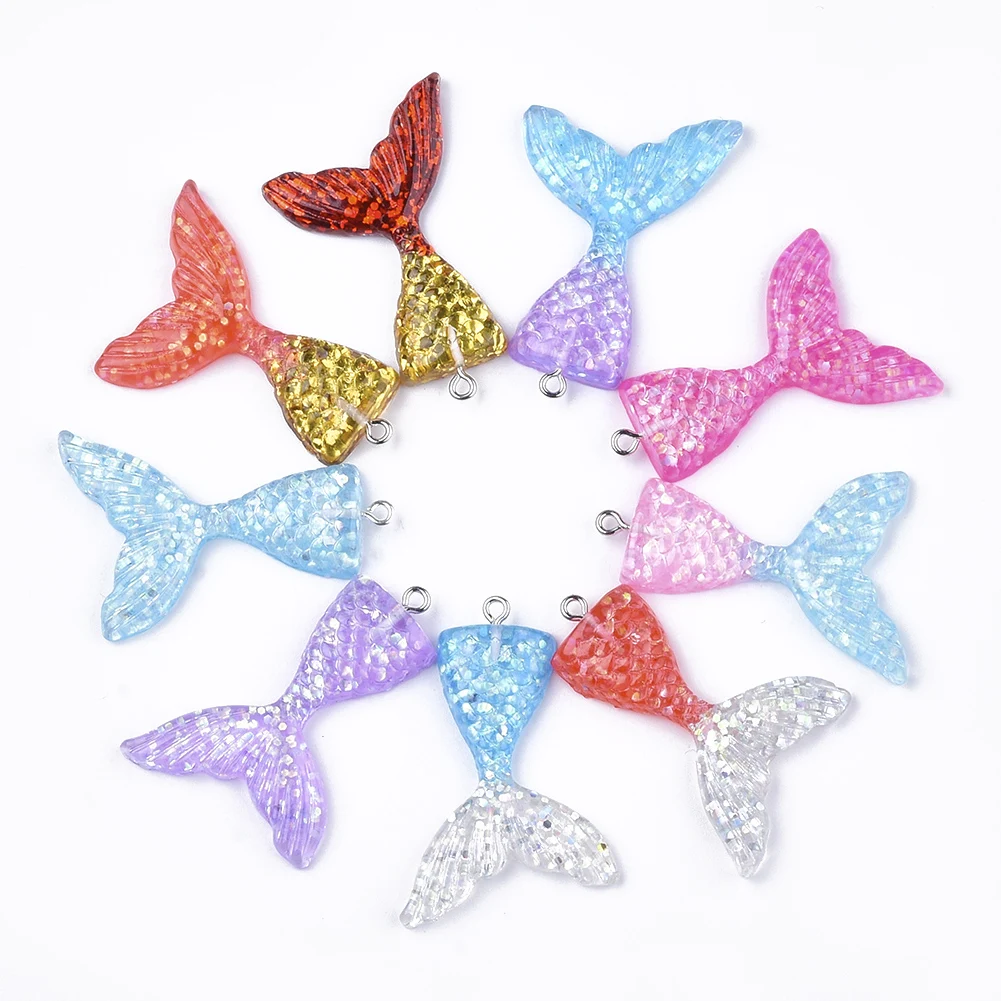 

20Pcs 30*46mm Colorful Glitter Fish Mermaid Tail Resin Pendant Charm For Women Earring Necklace Keychain DIY Jewelry Making