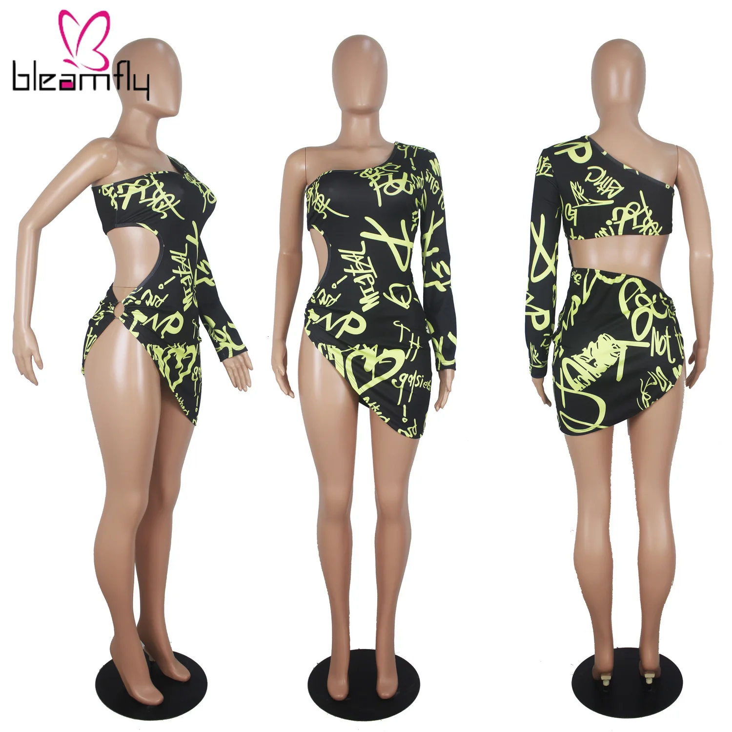 Женское платье с буквенным принтом на одно плечо вырезами Боковым Разрезом Мини