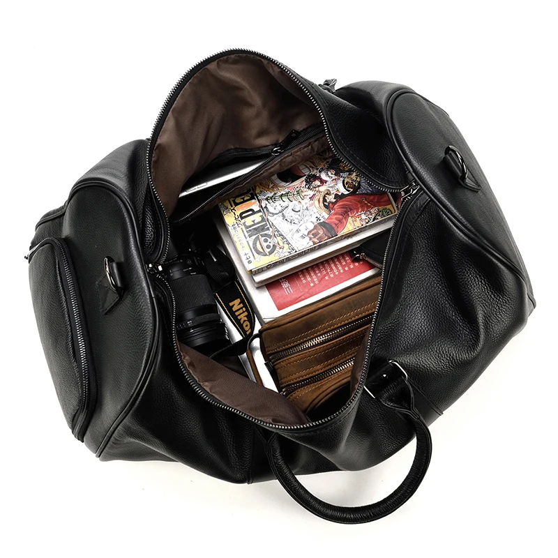 Big Capacity Genuine Leather Travel Bag For Men Women Soft Black Cowhide Casual Travel Duffel Large Luggage Weekend Shoulder Bag images - 6