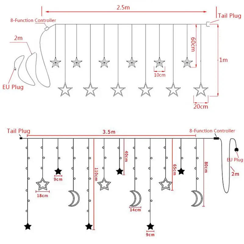 

220V Star Moon LED Curtain Light Wedding Garland Ornament Fairy Light Lamp String Festival Party Home Window Decoration