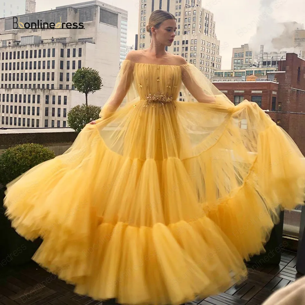 

Bbonlinedress Yellow Tulle Prom Dresses Pleat Beaded Prom Dresses O-Neck Long Sleeves Formal Party Gowns abiti da sera