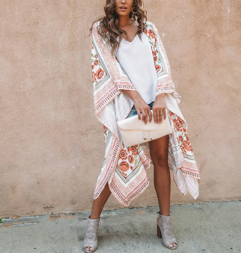 TEELYNN chiffon floral print bikini cover up for women robe boho beach wear summer Cardigan casual long blouse shirt kimono top | Женская