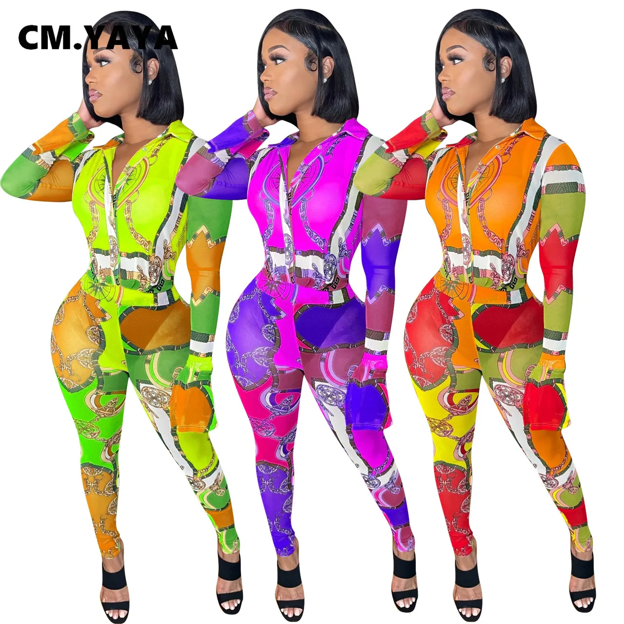 

Женский Облегающий комбинезон CM.YAYA с принтом пейсли и цепочкой, уличная одежда, элегантный комбинезон-карандаш с длинным рукавом, слитный к...