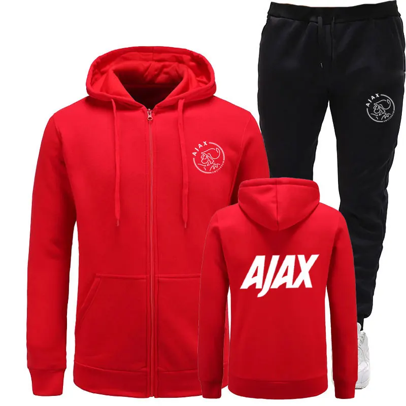 Новинка, спортивный костюм, модные AJAX мужские спортивные толстовки, комплекты из двух предметов, хлопковая флисовая плотная толстовка с капюшоном+ штаны, спортивный костюм для мужчин - Цвет: Black red