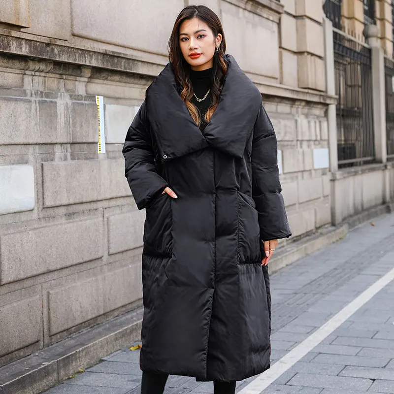 

2022 Winter Women's Fashion Solid Color Hooded Jackets Female White Duck Down Long Coats Ladies Thick Warm Loose Overcoats T944
