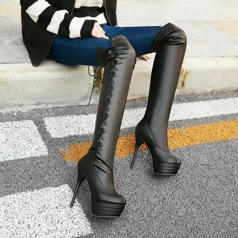 

Sexy Womens Platform Lace-up Over Knee Boots Nightclub Stiletto High Heels Shoes