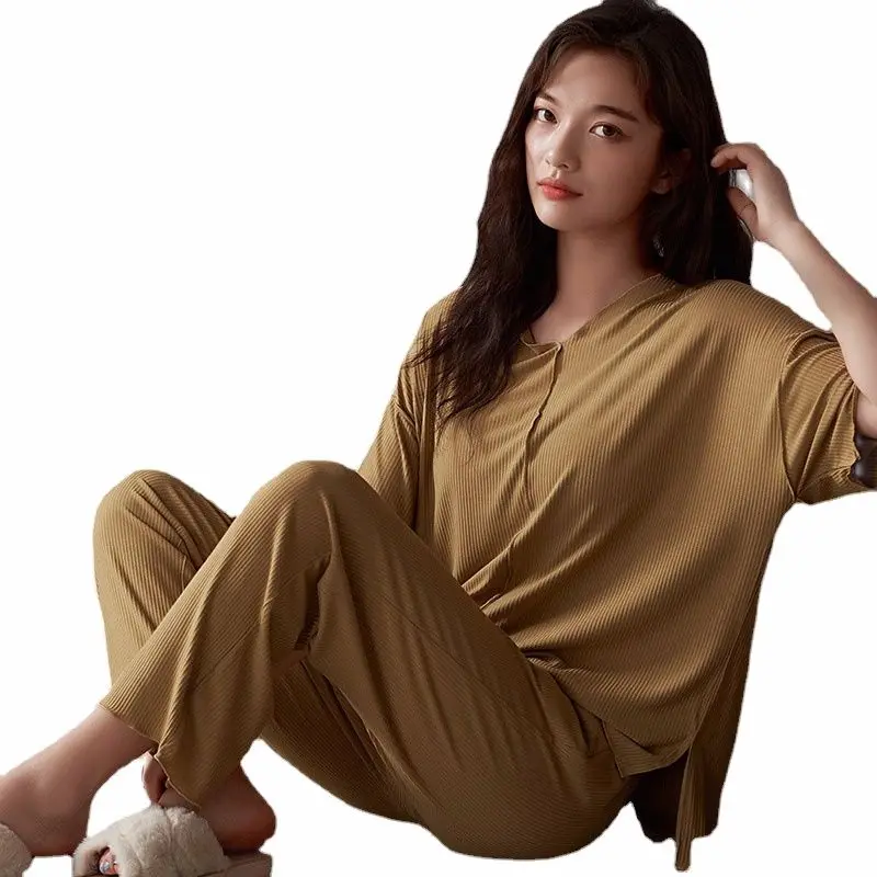 

Spring Summer Woman Model Cotton Soft Home Clothes Short Sleeve Trousers Two-piece Thin Plus Size Sleepwear Pijama Mujer