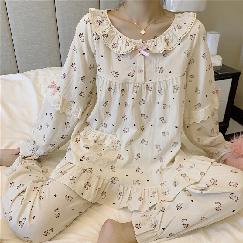 

Autumn Woven Cotton Sleepwears Korean Round Neck Sweet and Cute Princess Style Pajamas for Women Long Sleeve Two-piece Suit
