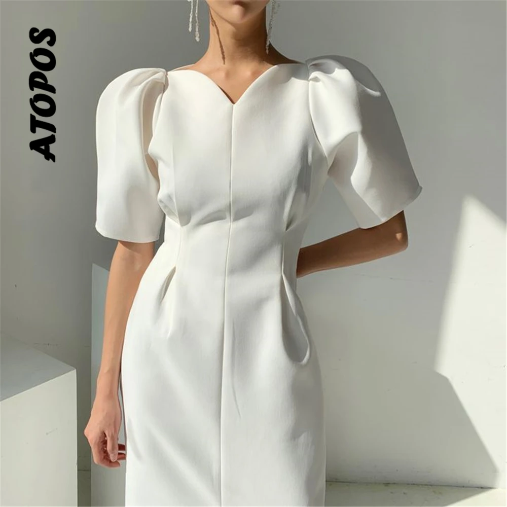 

Atopos Women White Party Dress Summer Elegant Short Sleeve Dresses Fashion Casual Chic Slit Vestidos Female Robe Woman Clothing
