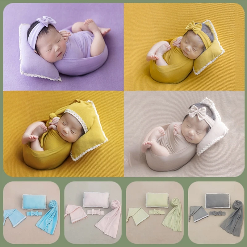

Newborn Baby 4Pcs Photography Props Bowknot Headband Knotted Hat Swaddle Blanket Wrap Pillow Infant Outfits Costume