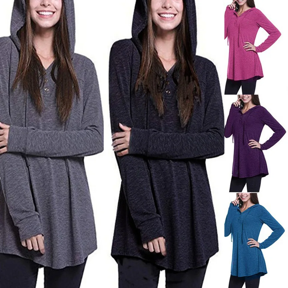 

Front Button Hoodie Plain Hooded Sweatshirt Poleron Mujer 2021 Tunic Long Sleeve Thin Hoodie Solid Pure Long Hoodie Women Casual