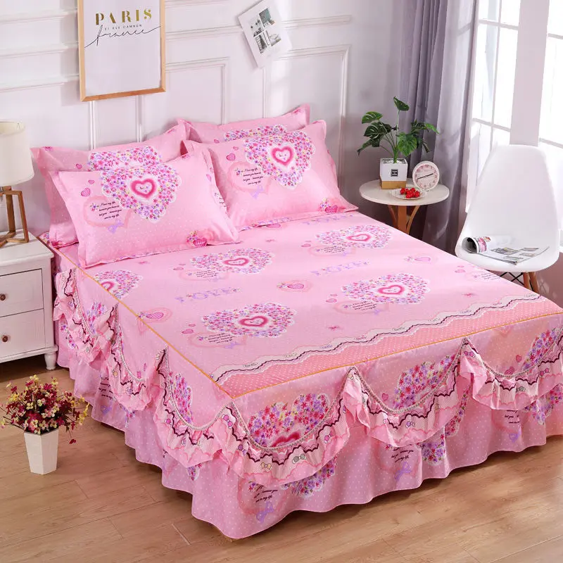 

European Elegant Ruffle Bed Skirt Solid Color Bed Skirt Thicken Soft Smooth King Queen Bedspread With Pillowcase Bedroom F0403