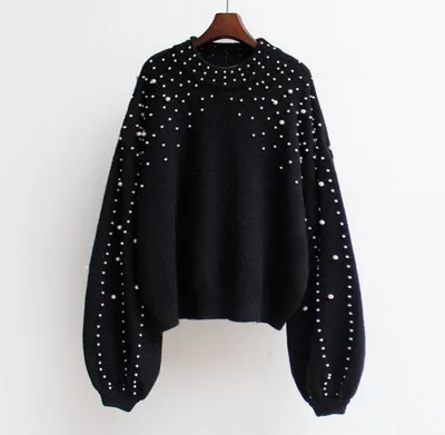 

Woman Winter Nice Sweater Round Neck Sweater Ladies Pullover Bubble Beads Lantern Sleeve Knit Girls Sweaters Tops