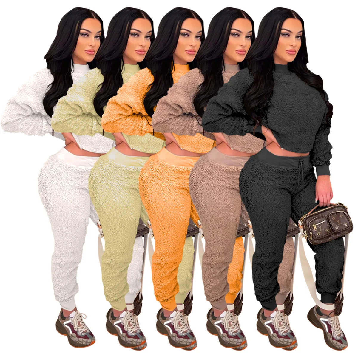 Casual Plush Solid Tracksuit Women Furry Sporty Fitness O Neck Long Sleeve Crop Top + Sweat Pants Slim Two Piece Set Outfits
