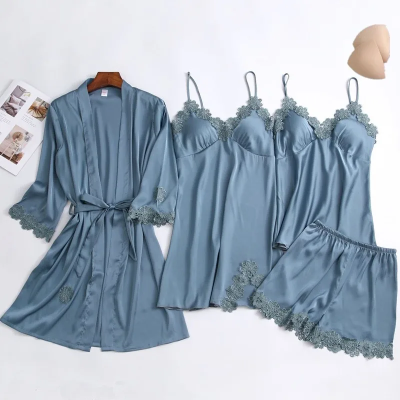 Новинка весна Атласный Женский пижамный комплект из 4 предметов ночная рубашка